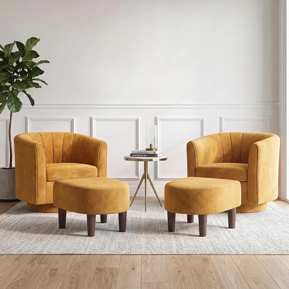 LINSY 360° Swivel Accent Chairs Set of 2, Modern Velvet Chair with Ottoman, Comfy Upholstered Armchairs, Reading Chair with Footrest for Living Room, Bedroom, Apartment, Standard Size, Yellow