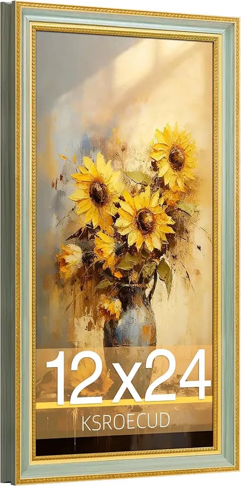 12x24 Picture Frame, HD Real Glass Ornate Vintage 12x24 Photo Frame, 12 by 24 Poster Frame with Gold Green Texture Border Horizontal & Vertical Display for Tabletop or Wall Decor (1 Pack)