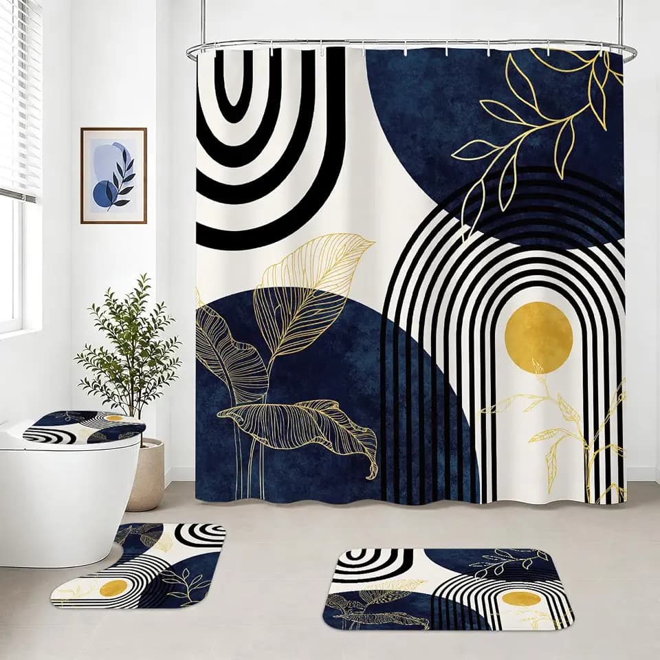 4Pcs Dark Blue Bathroom Sets with Shower Curtain and Rugs, Mid Century