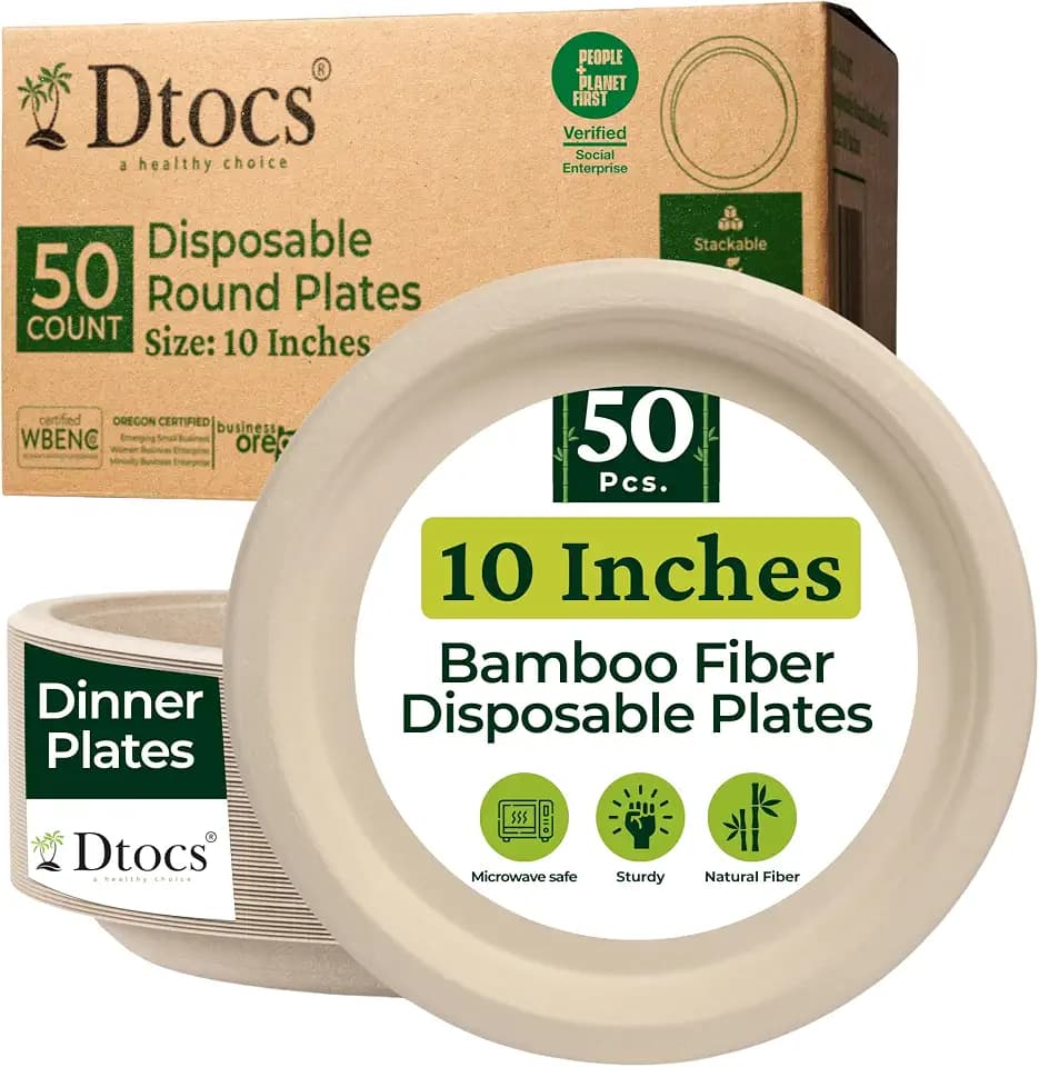 Dtocs Bamboo Plates 10 Inch (50 Pcs) | Heavy Duty Dinner Plate