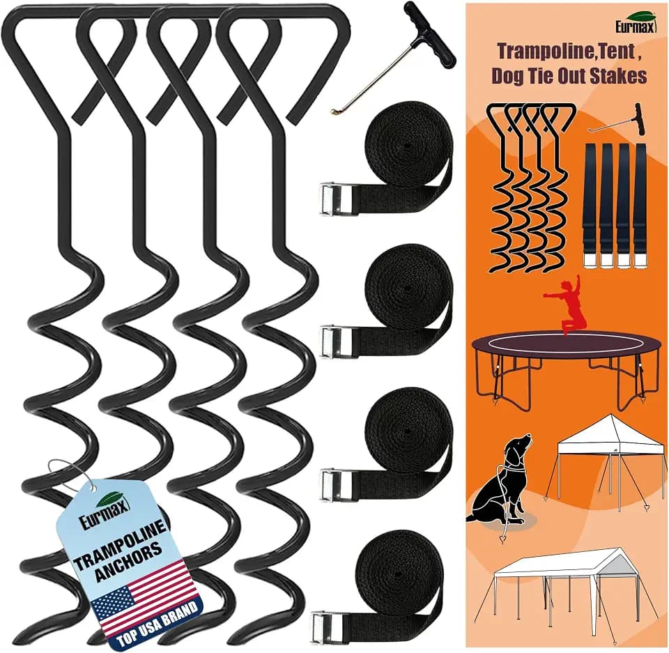 EURMAX USA 4-Pack Windproof Trampoline Stakes Anchor Kit-Steel Corkscrew Anchor,Heavy Duty Tie Down Kit with T-Hook&Reinforced Safety Straps,Secure Weatherproof Protection for Trampoline,Tent&Playset