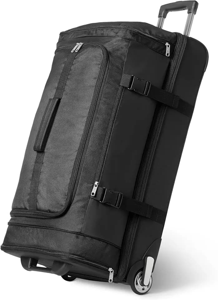 Amazon Essentials Wheeled Rolling Duffel Bag, 30-Inch (76.2 cm) Checked-Size, Expandable, Shoe Compartment, Telescoping Handle, Black