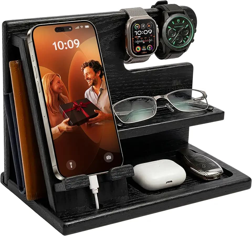 TESLYAR Ladestation Organizer Schreibtisch Holz Geschenk für Mann Väter Ihn