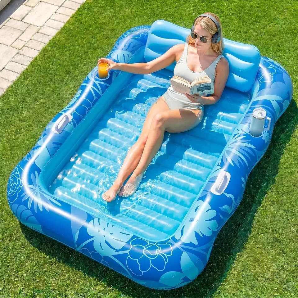 HLDIRECT Inflatable Tanning Pool Lounger Float with Cup Holder & Backrest