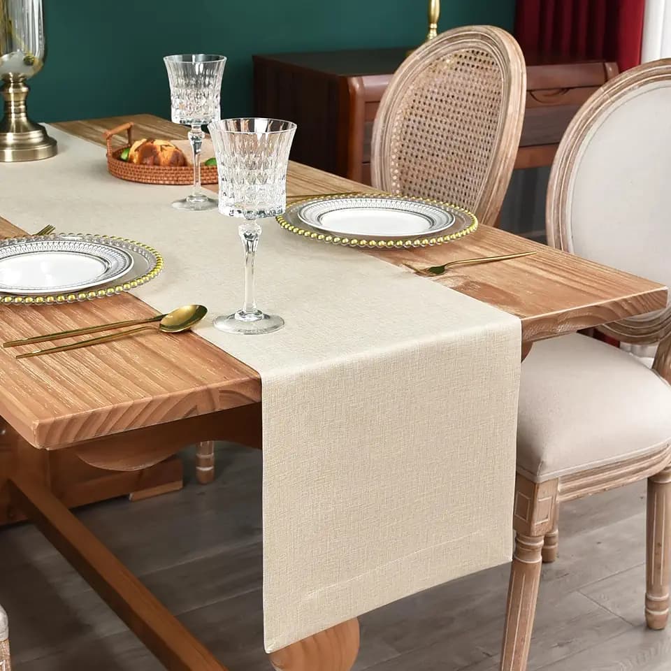 NEWISHER Farmhouse Rustic Table Runner Solid Beige Rectangular Table Runners Faux Linen Table Runner for Everyday Use Kitchen Dining Party Table 13x72 Inch