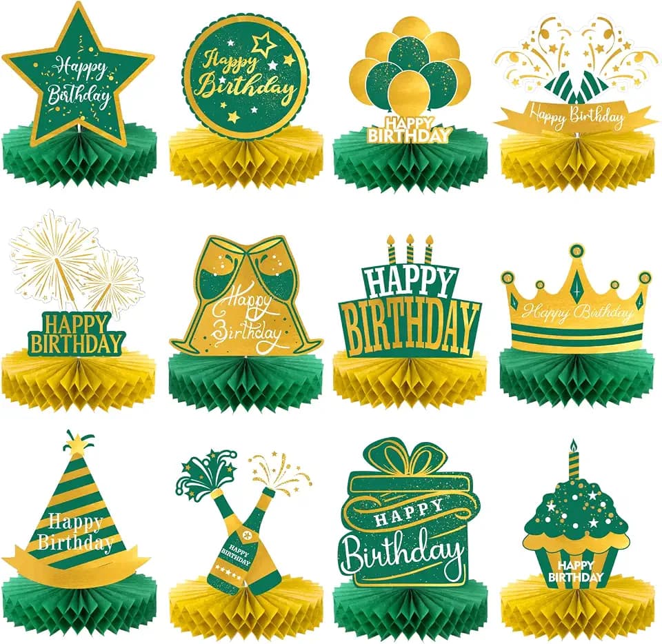 Sabary 12 Pcs Green and Gold Birthday Centerpieces for Table Decor