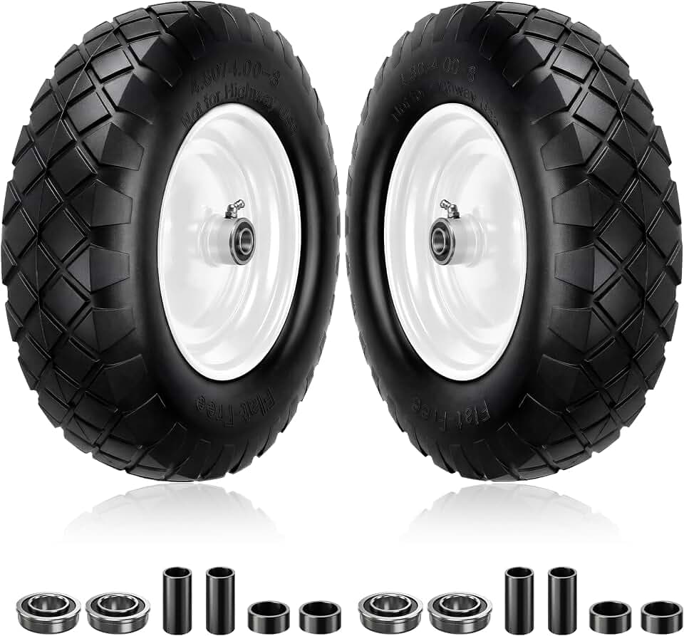 4.80/4.00-8 Flat Free Wheelbarrow Tire and Wheel, 16" Solid Foamed Tires with 5/8" & 3/4" Bearings - for Wheelbarrow Garden Trolley and Wagons,Fits 4.80/4.00-8, 3.50-8, 4.00-6, 4.00-8 - 2 Pcs White