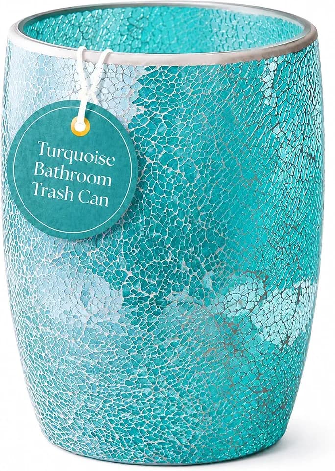 Escenzy Turquoise Bathroom Trash Can, Handmade Mosaic Glass 1.3 Gal / 5L | Decorative Waste Basket for Bathroom, Bedroom, Office | Luxury Coastal Bathroom Decor | Boho Home Decor Gift