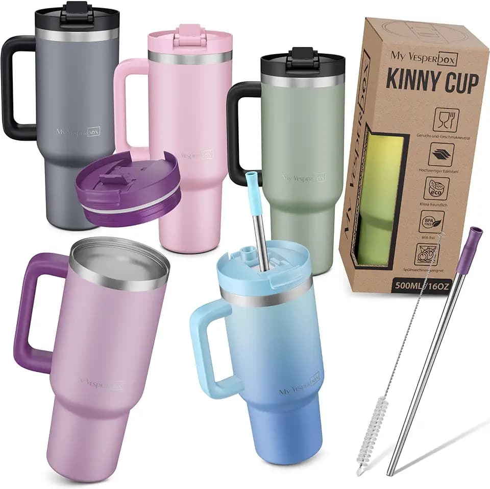 My Vesperbox Kinny Cup – Edelstahl Thermobecher mit Henkel & Strohhalm (500/950 / 1200 ml) – Isolierbecher To Go für Kaffee, Eis & Alltag – BPA-frei, Auslaufsicher, Spülmaschinenfest