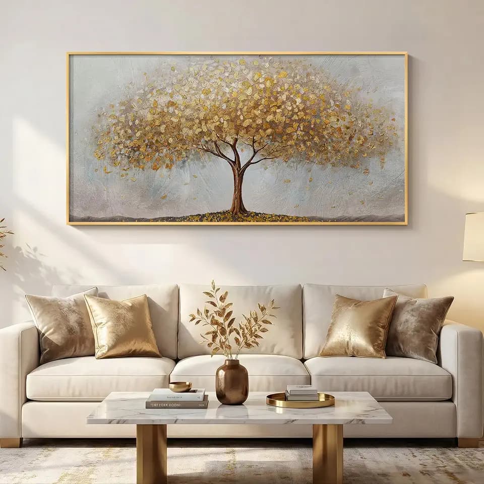 Large Framed Modern Gold Tree of Life Wall Art for Living Room, 30x60 In