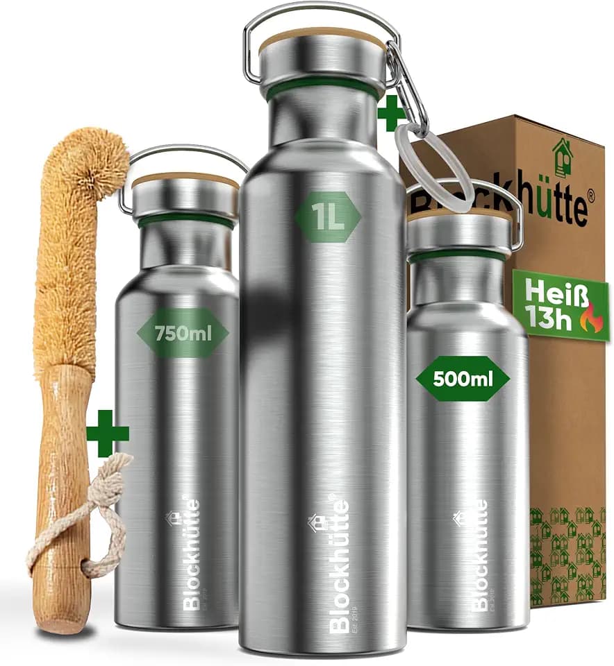 Blockhütte Premium Edelstahl Trinkflasche isoliert I 500ml I mit Flaschenbürste I Die iso Trinkflasche ist auslaufsicher I Wasserflasche spülmaschinenfest für Kinder, Schule I BPA Frei