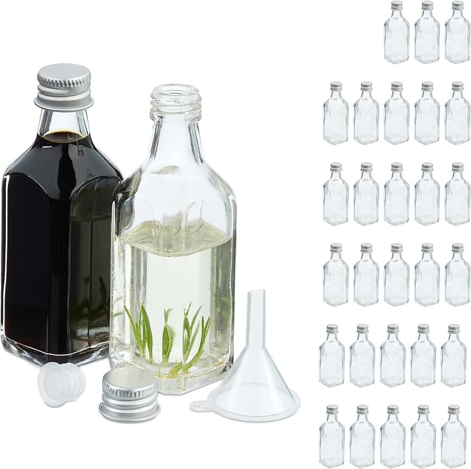 Relaxdays kleine Flaschen, Set, 50 ml, Glasflaschen zum Befüllen, Schraubverschluss & Korken, transparent/Silber