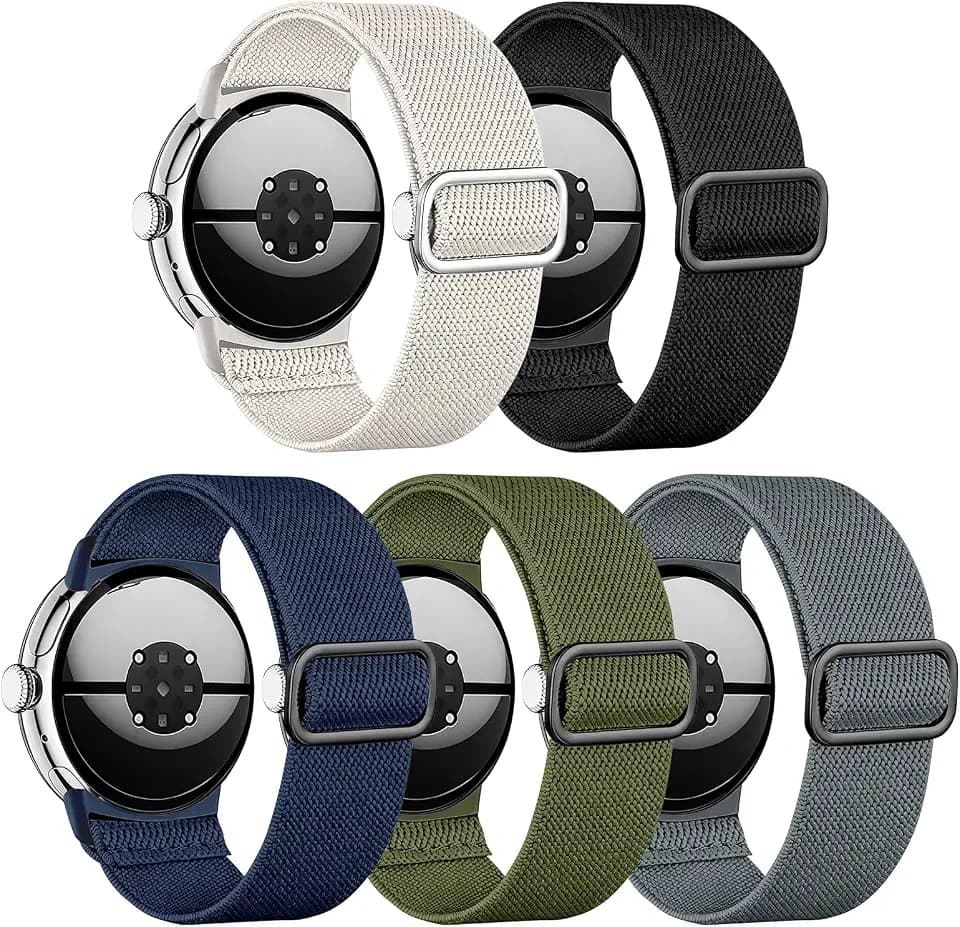 5 Pack Stretchy Bands Compatible with Google Pixel Watch 4/5 Band 45mm / Pixel Watch 3 Band 45mm for Women Men, Soft Nylon Breathable Sport Strap for Google Smartwatch 5/4 3 (45mm)