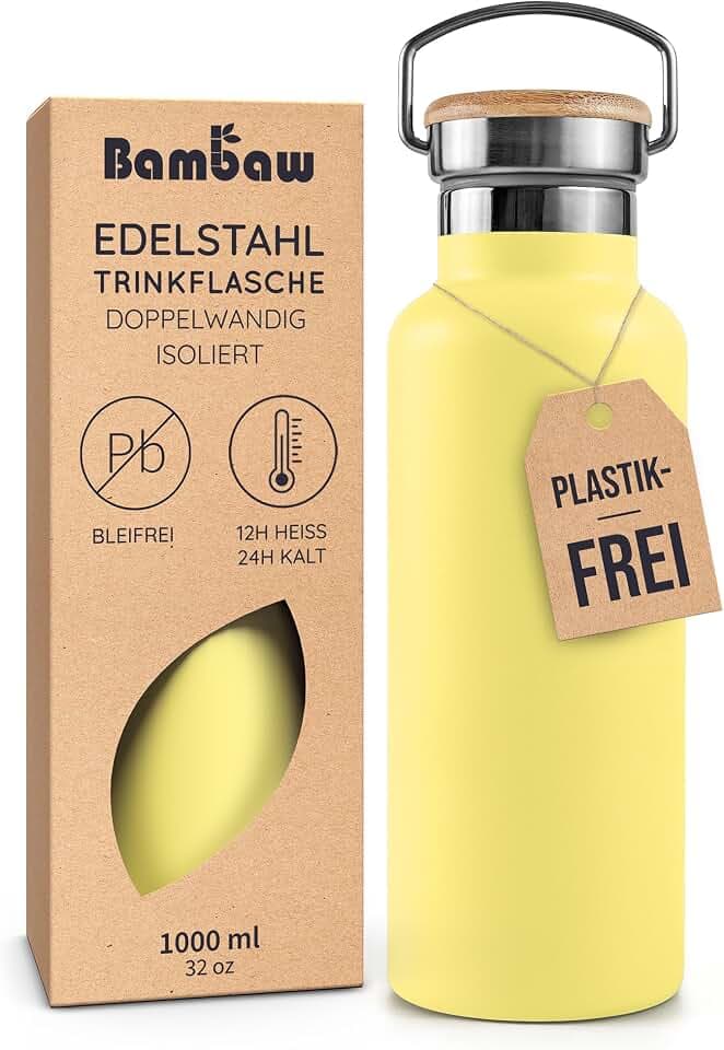 Bambaw 1 Liter Thermosflasche Edelstahl, Trinkflasche Isoliert 1l, Trinkflasche Spülmaschinenfest, Wiederverwendbar, Rostbeständig, Aus Qualitätsedelstahl Hergestellt (Sonnengelb)
