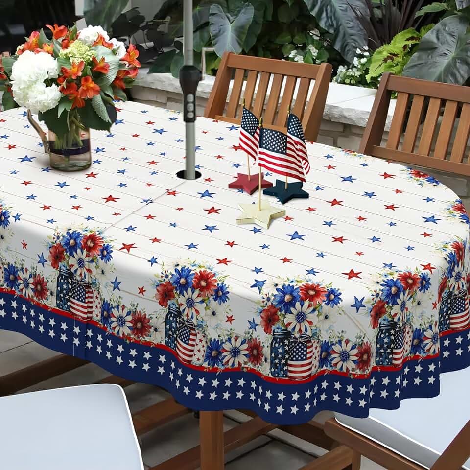Fourth of July Oval Outdoor Tablecloth Vintage Memorial Day Patriotic Table Cloth American Flag, Stars Table Cloths for Indoor and Outdoor Kitchen Dining-60 x102