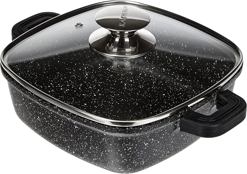 Kamberg 0008100 – Quadratischer Kochtopf 20 cm – Aluminiumguss – Beschichtung in Steinoptik – Mit Glasdeckel – Für alle Herdarten, auch Induktion – PFOA‑frei, Aluminium, Schwarz