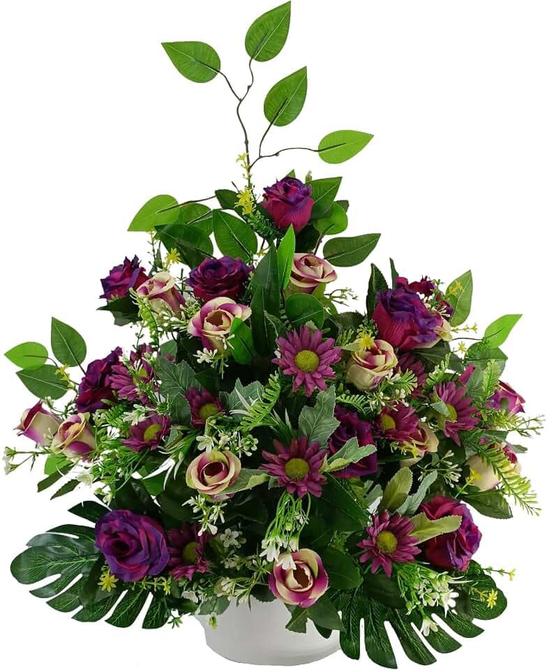 DRW Kunstblumenzentrum für Friedhof Kirchen Hochzeiten Blumenzentrum für Heilige Lila mit Rosen, Knospen und Malvenblüten, 70 x 40 cm