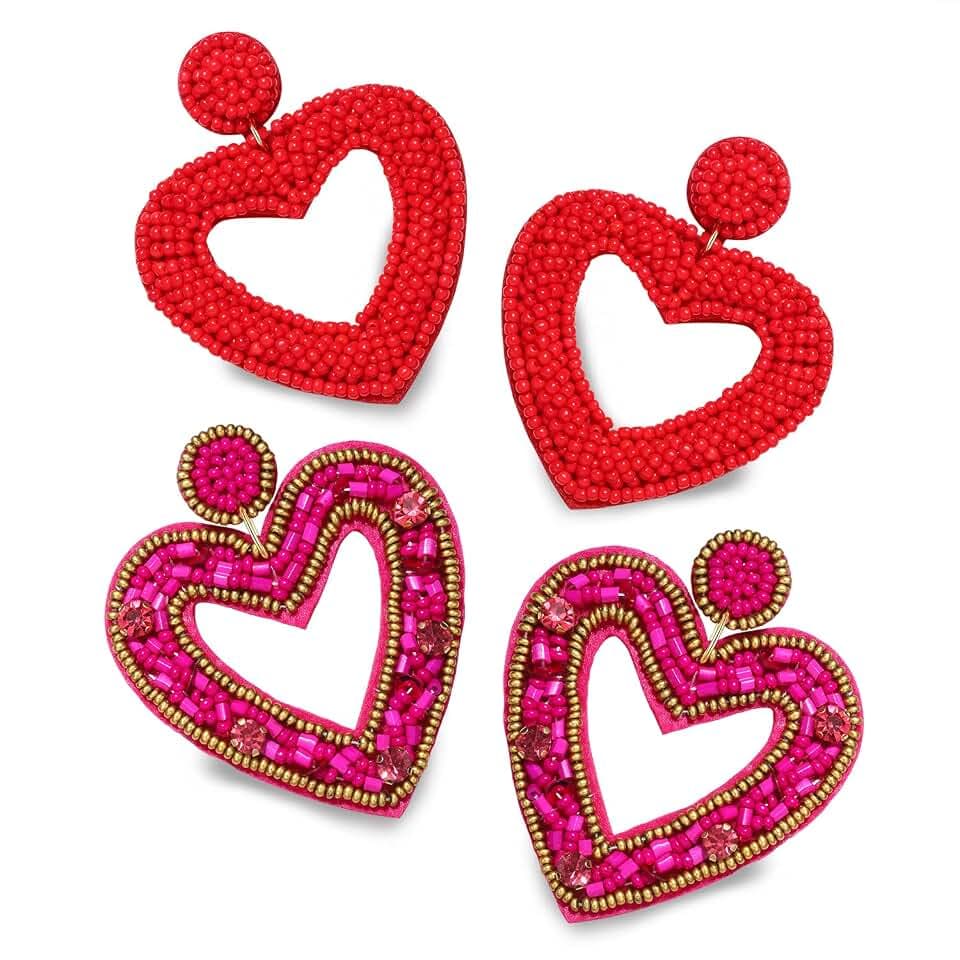 YAHPERN 2 Pairs Beaded Heart Earrings Valentine’s Day Earring for Women Handmade Love Heart Drop Dangle Earrings Birthday Party Valentine’s Day Gifts