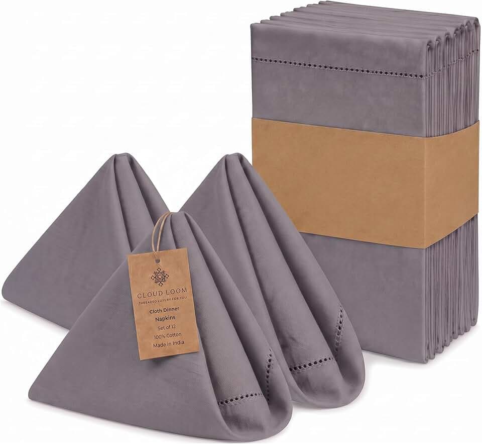 CLOUDLOOM Hemstitch Dark Grey 100% Cotton Cloth Napkins Set of 12, 18"x18"