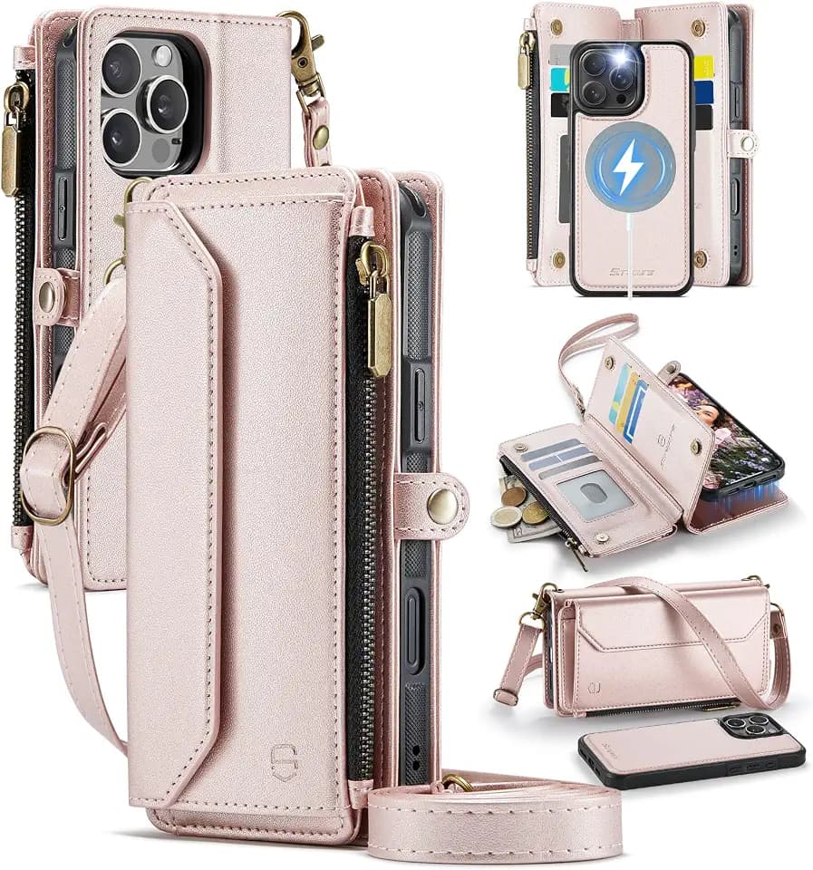 Strapurs for iPhone 13 Pro Max Magnetic Detachable Wallet Case, Rose Gold
