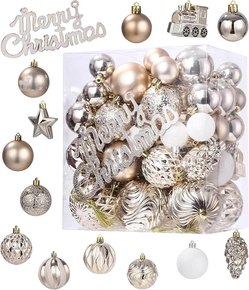 LEAZZLE Neue Weihnachtskugeln Weihnachtsdeko 65 Stücke,Box mit Christbaumkugeln Kunststoff,Christbaumschmuck, Weihnachtsdekoration,Party Festival Decor(Champagner Gold)