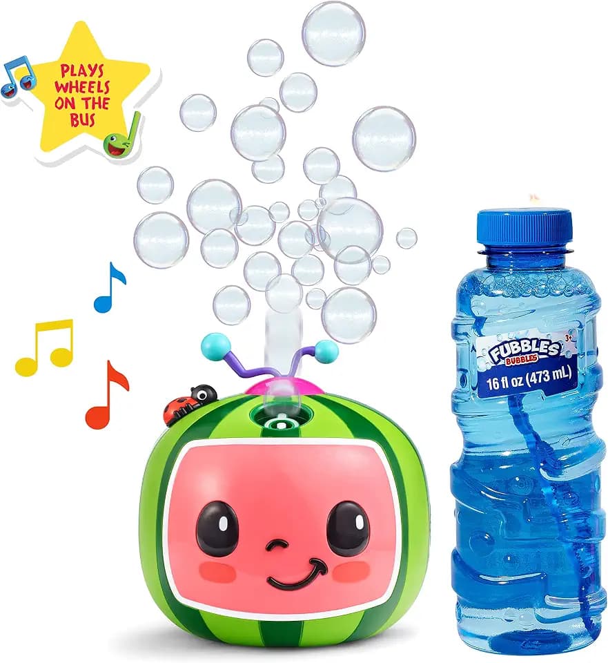 CoComelon NO Spill Musical Bubble Machine | Bubble Toy for Baby, Toddlers and Kids | Amazon Toys Exclusive with 20oz of Extra Bubble Solution (Bubble Solution Bottle Colors Will Vary)