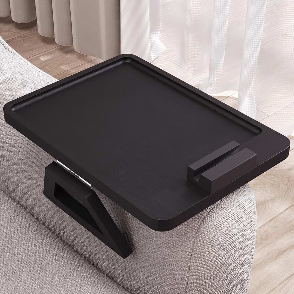 Couch Arm Tray with 360°Phone,Bamboo Folding Sofa Tray,Sofa Armrest Trays Clip-On Couch Desk for Drinks,Snacks,Phone,Remote Control(Black)