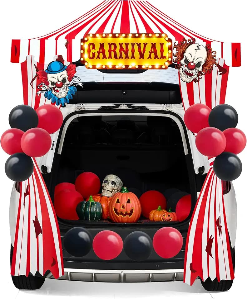 JOYIN Trunk Or Treat Car Decor Kit for SUV Halloween Decorations Outdoor Circus Carnival Clown Design, LED Lights Boards Stickers for Haunted House Door Archway Entryway