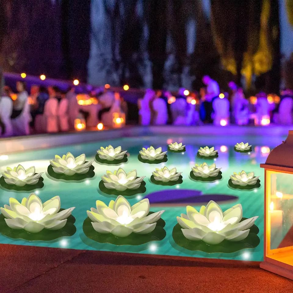 Assaoy 14 PCS Waterproof Floating Lotus Light - Floating Flower Light Battery Operated Water Activated Warm White Pool Flower Lamp Wedding,Anniversary,Garden Father's Day Graduation Summer Decoration