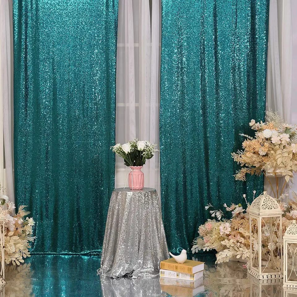 Poise3EHome Teal Sparkly Sequin Backdrop Curtain 2 PCS 3FT x 8FT