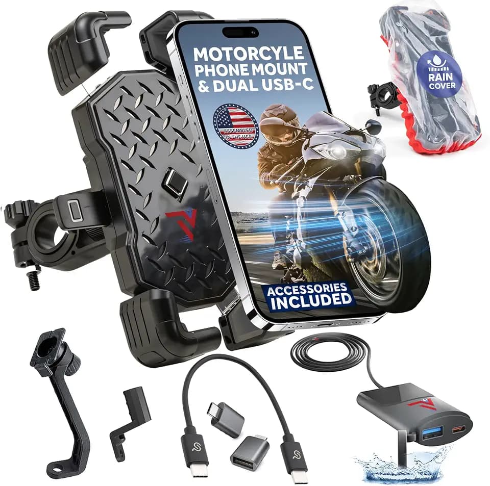 Terminal Velocity Sport Phone Mount with Dual USB Charger USB-A & C Cell Holder for Motorcycle Scooter ATV