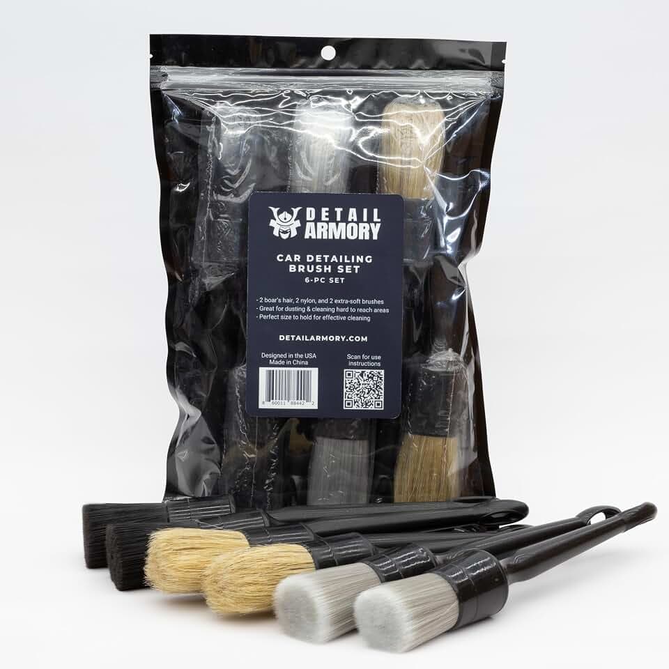Car Detailing Brush Set, (2) Boar's Hair, (2) Extra-Soft, (2) Nylon Brushes, for Interiors and Exteriors, Cleans Air Vents, Leather Seats, Trim, Wheels, Emblems, Engine Bay, 6-Piece Set