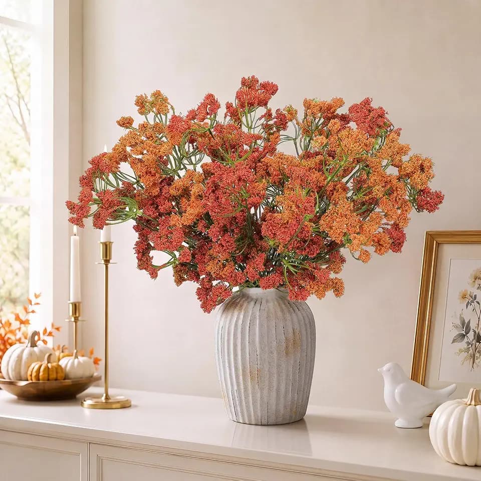 6 Pcs Fall Artificial Flowers Queen Annes Lace Stems, Burnt Orange