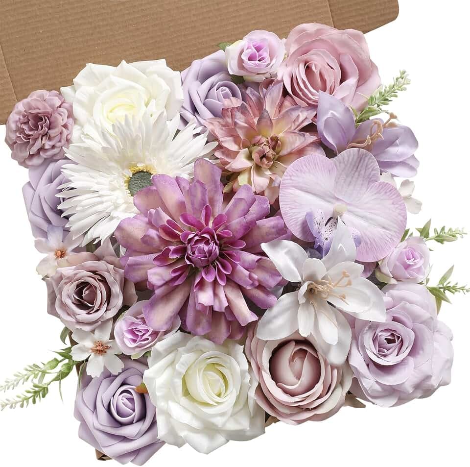 rongflower Artificial Flowers Box Silk Flowers Fake Rose for DIY Wedding Bridal Bouquet, Centerpieces, Home Decor, Floral Arrangement Decor (White Purple)