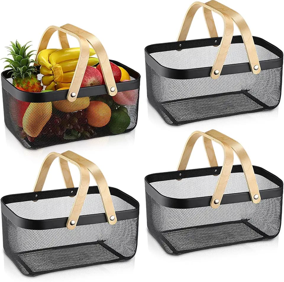 Sadnyy 4 Pcs Black Metal Wire Storage Basket with Handle Mesh Harvest Durable Vegetables Fruit Toy Basket for Garden Organizing, Kitchen, Countertop, Closet, Bedroom (16 x 9.8 x 7.1 Inch)