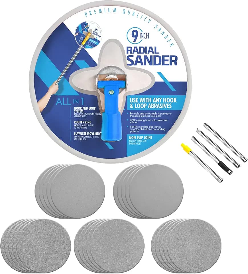 9 Inch Radial Sander for Drywall & Home Improvement Renovations, Ideal for All Home Projects - Includes 25pcs Wall Sanding Discs & Extension Pole, Use for Multiple Projects
