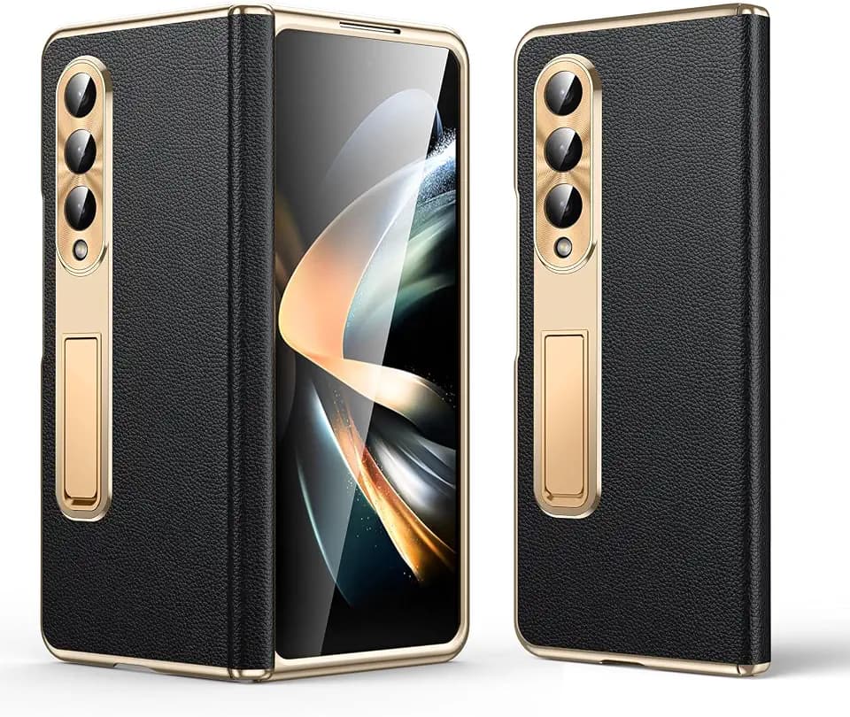 for Samsung Galaxy Z Fold 4 Case, Electroplated Frame, Luxury Leather Back, Full Magnetic Hinge Protective, Screen Protector, Metal Stand, Thin & Slim Stand Phone Cover 5G 2023, Black