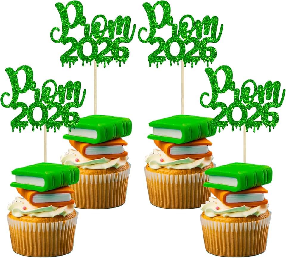 Ephlyn 24Pcs Prom 2026 Cupcake Toppers Glitter Prom 2026 Graduation Cupcake Picks Decoration for Class of 2026 Graduation College Prom Party Cake Decorations Green