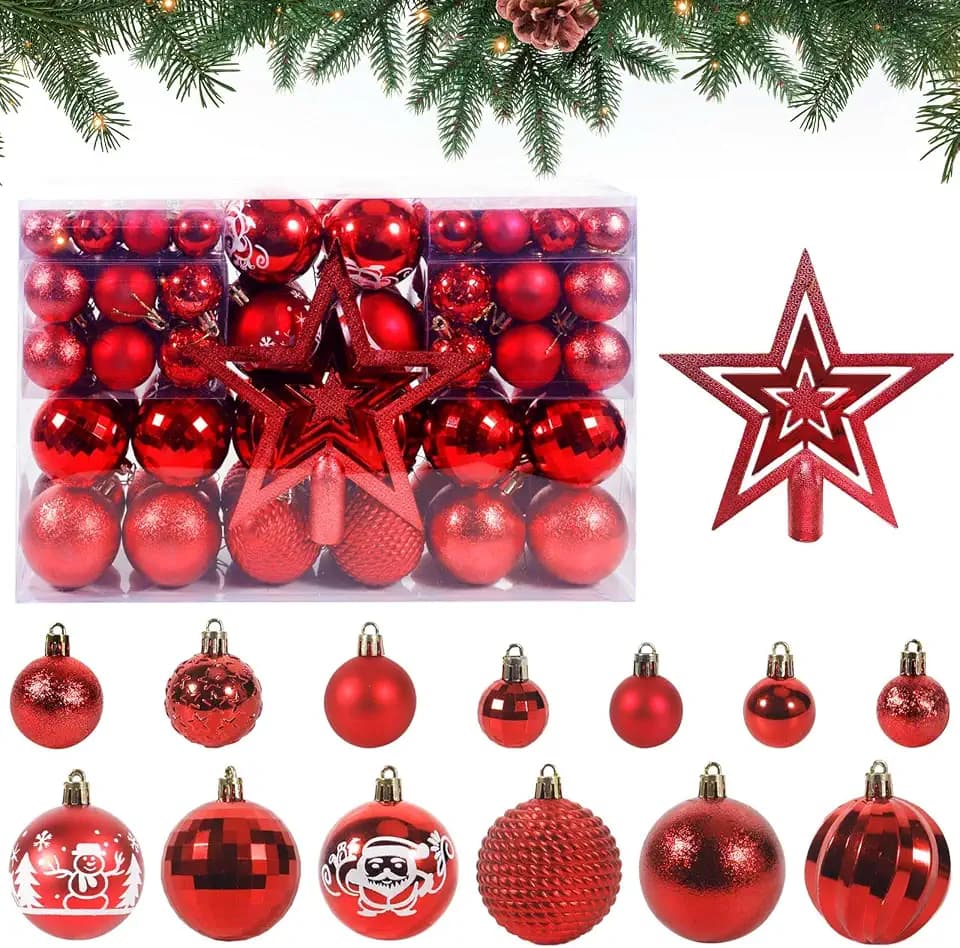 ROELLY 101 Stück Weihnachtskugeln, Kunststoff Hängende, Funkelnde Rot Mit Sternspitze Zum Aufhängen des Weihnachtsbaums (Rot)