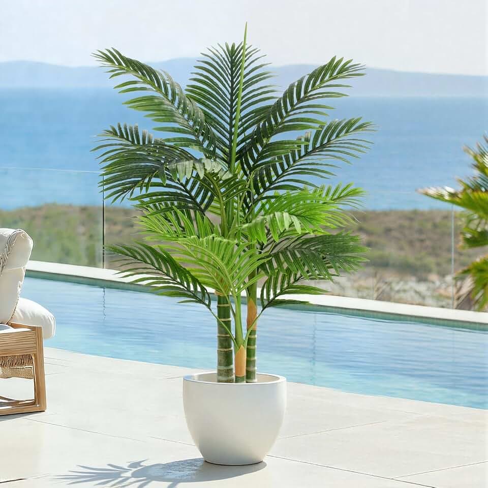 Künstliche Goldene Palme 120cm kunstpflanzen groß wie echt, UV-beständig kunstbaum groß, Kunstpalme für Haus Wohnzimmer Schlafzimmer Büro Balkon Garten Decor Künstliche Pflanzen (1 Stück)