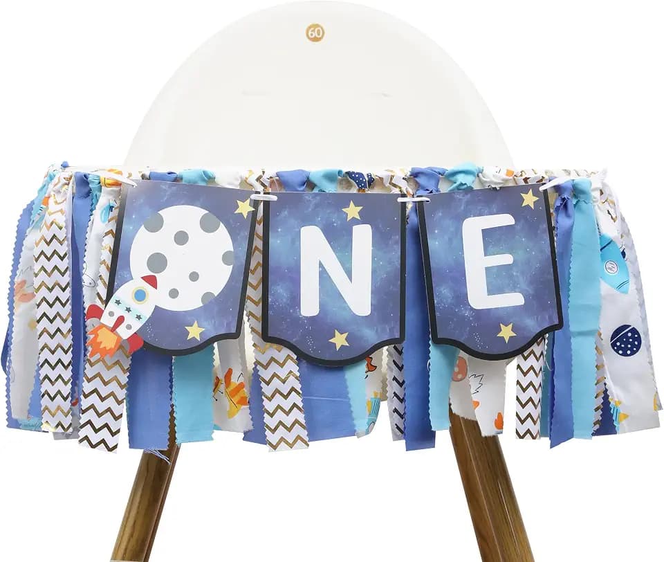 Outer Space High Chair Banner,Planets Astronaut Rocket 1st Birthday Decor