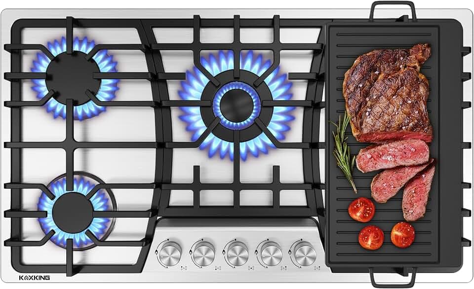 36 Inch Gas Cooktop with Reversible Griddle, 5 Burners, Natural Gas/Propane