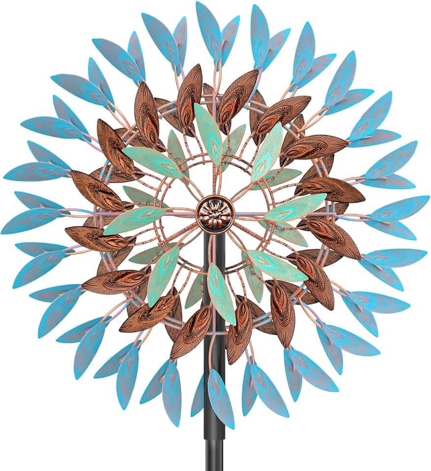 Wind Spinner Kinetic Wind Sculpture, 18.5" W x 78.7" H Large Metal Outdoor Windmill with 5‑Prong Stable Base, 360° Rotatable 6 Blades 3‑Tier Wind Catcher Yard Art Decor for Patio Lawn Garden Backyard