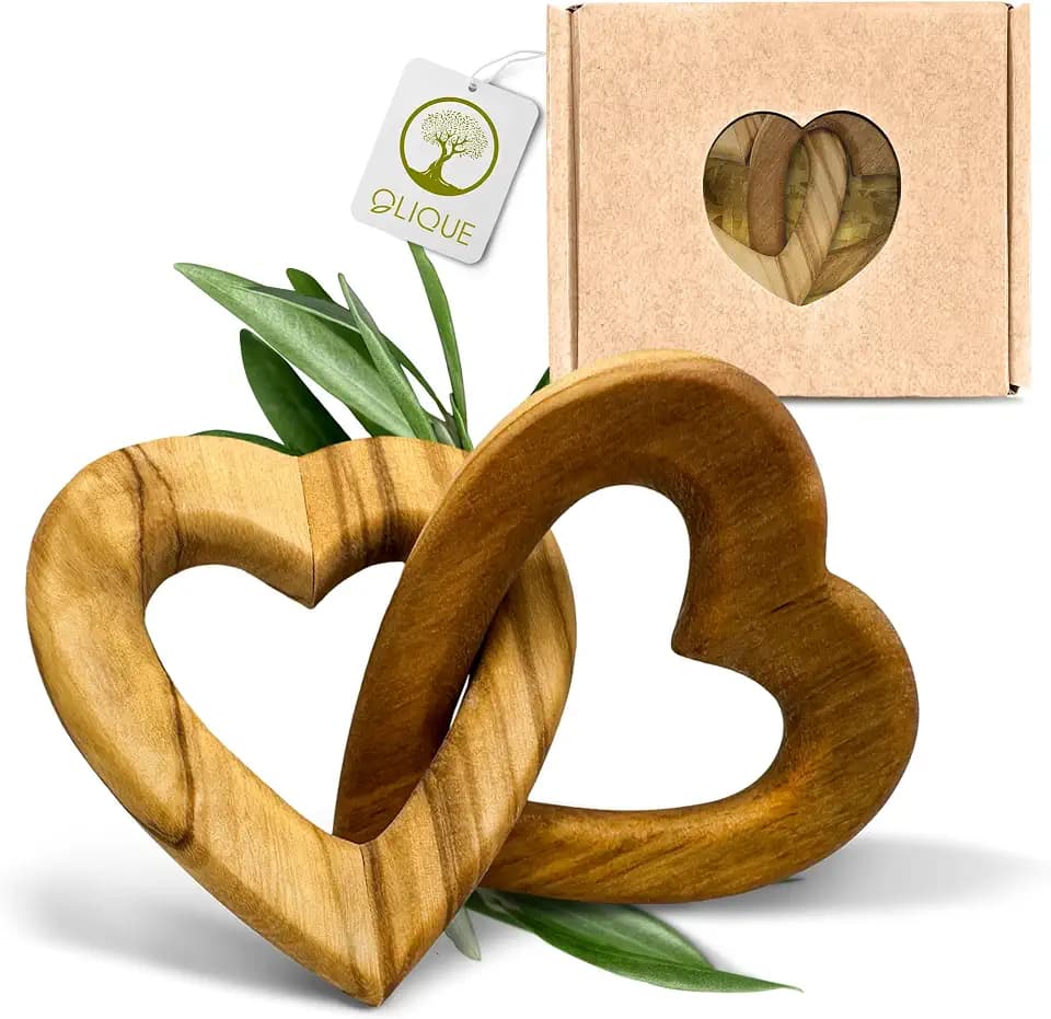 Holzherzen, Olivenholz - Verbundene Holz Herzen als individuelles Geschenk zur Hochzeit, Hochzeitstag oder Verlobung (15 cm)