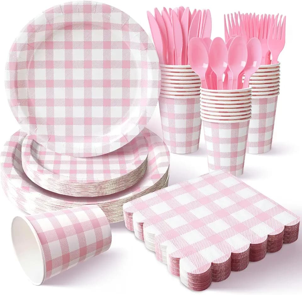 Vyntra 175-Pc Pink Gingham Paper Plates and Napkins Party Supplies