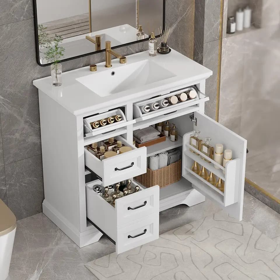Favfurish 36" Bathroom Vanity with Ceramic Sink,Freestanding Storage Cabinet w/Soft-Close Door and 2 Tip-Out & 2 Drawers,Undermount Single Basin Bath Vanity Set w/Adjustable Shelf,White