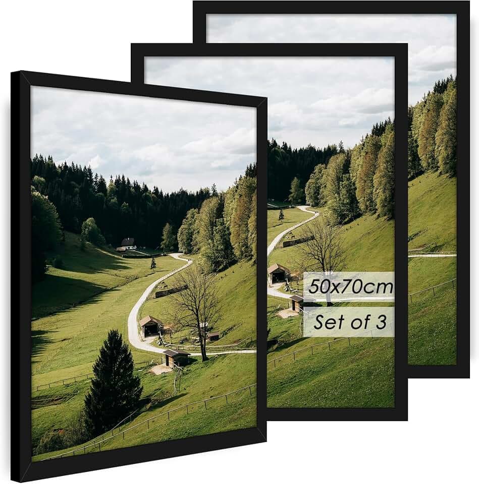Bilderrahmen 50x70 cm 3er set, Schwarz Rahmen 70×50 | 3er Pack MDF-Rahmen mit Acrylscheibe, 50x70 Bilderrahmen für Puzzles, Fotos und Poster, horizontal oder vertikal aufhängbar