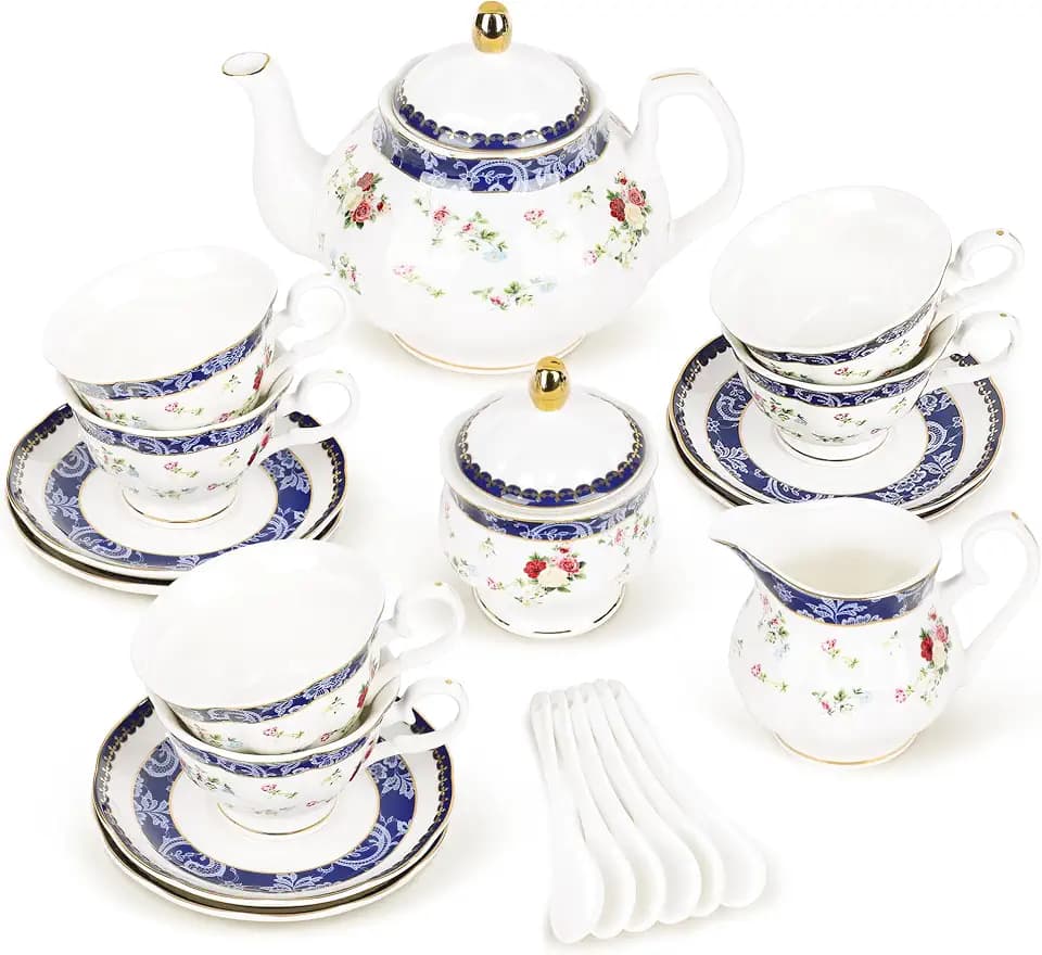 fanquare 21-Piece Blue Lace and Roses Bone China Tea Sets for Adults