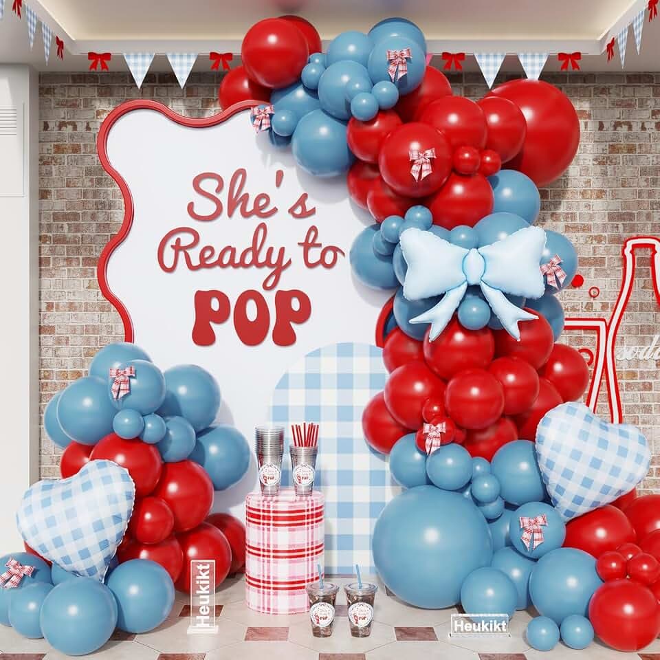 144Pcs She's Ready to Pop Balloon Garland Kit, Dusty Blue Red Balloon Arch