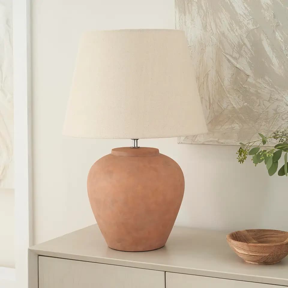 Nourison Home 20" Rustic Terracotta Ceramic Table Lamp with Fabric Shade, Bedside Nightstand Lamp for Bedroom, Living Room, Entryway
